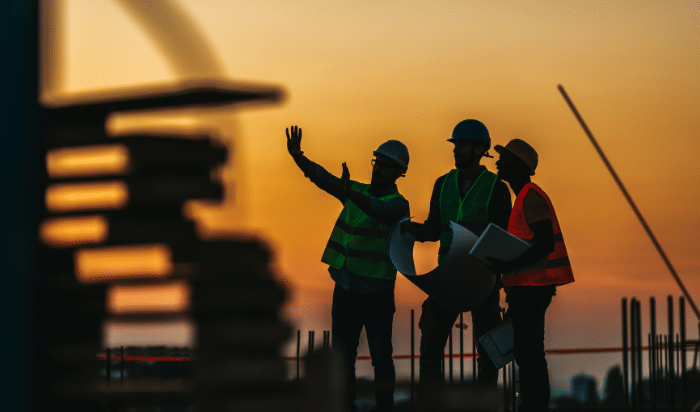 three workers on a construction site with a sunset